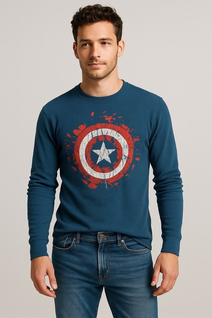 Marvel Captain America Thermal Long Sleeve Shirt – Blue Distressed Shield
